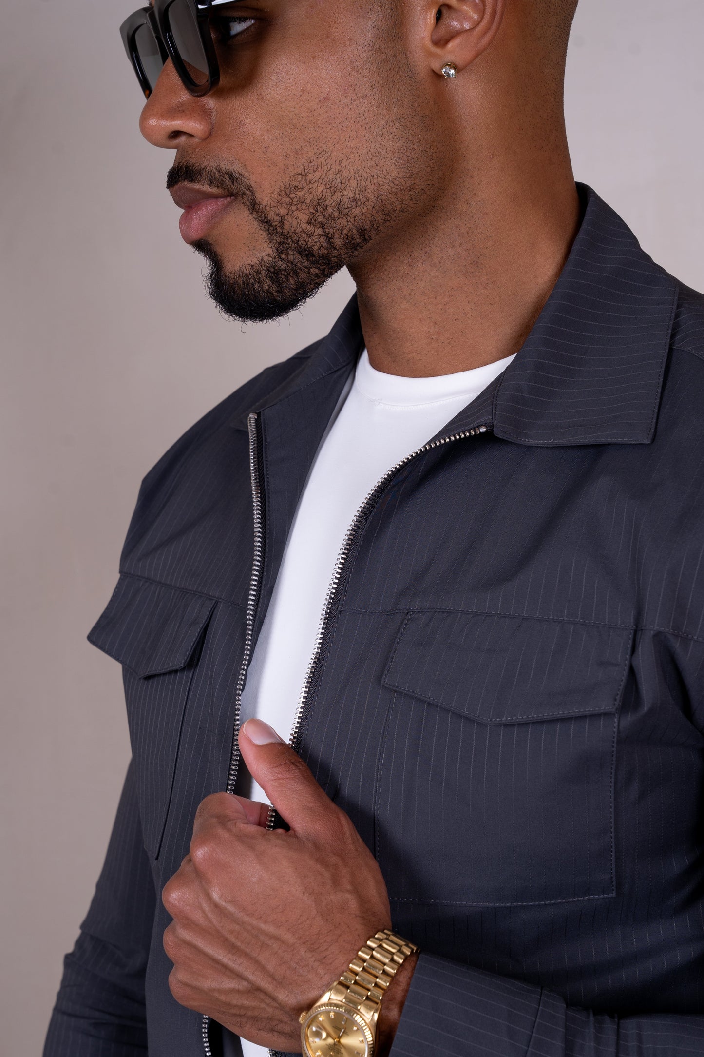 Pinstripe Cargo Utility Overshirt - Charcoal