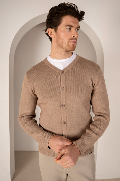 Y Neck Button Up Cardigan - Oatmeal