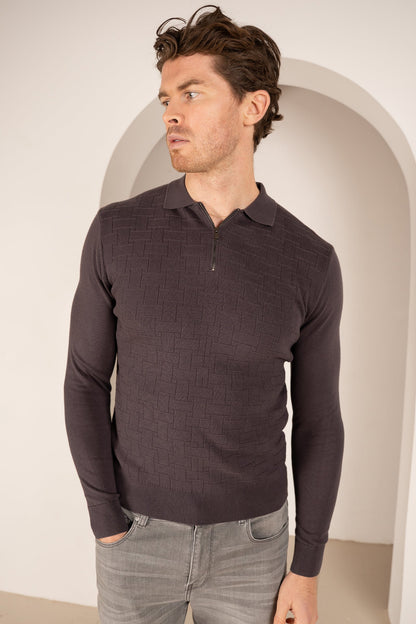 Geometric Long Sleeve Polo - Charcoal
