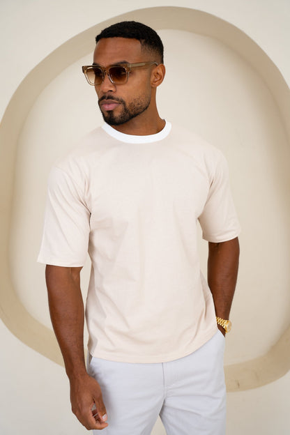 Relaxed Fit Contrast Neck T-Shirt - Beige